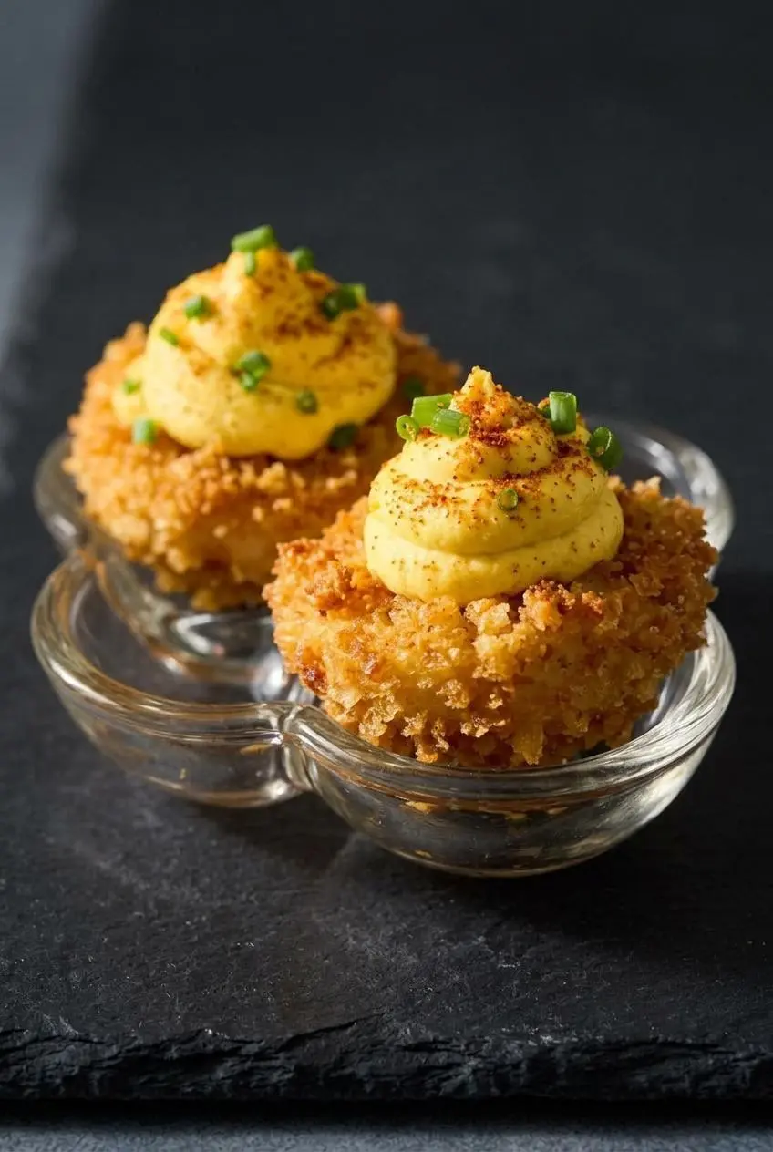Close-up of two fried deviled eggs showing a craggy golden panko crust and smooth piped yolk filling.