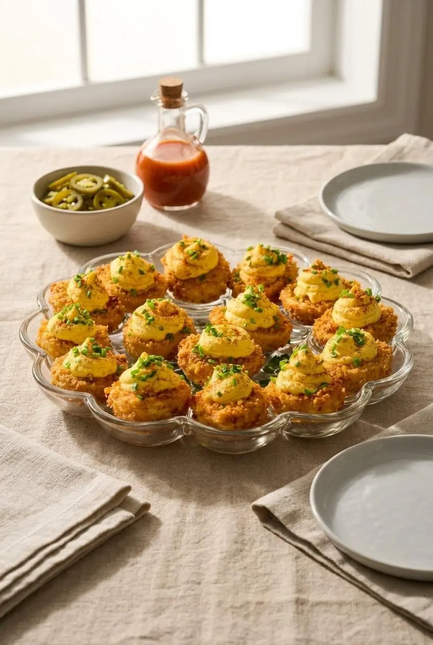 Platter of fried deviled eggs on a brunch table with pickled jalapeno slices and hot sauce.
