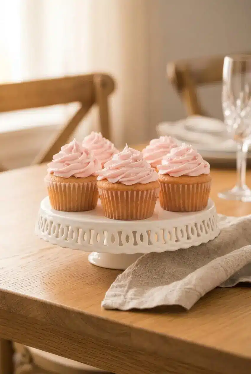 Frosted pink champagne cupcakes arranged on a white ceramic pedestal for entertaining.