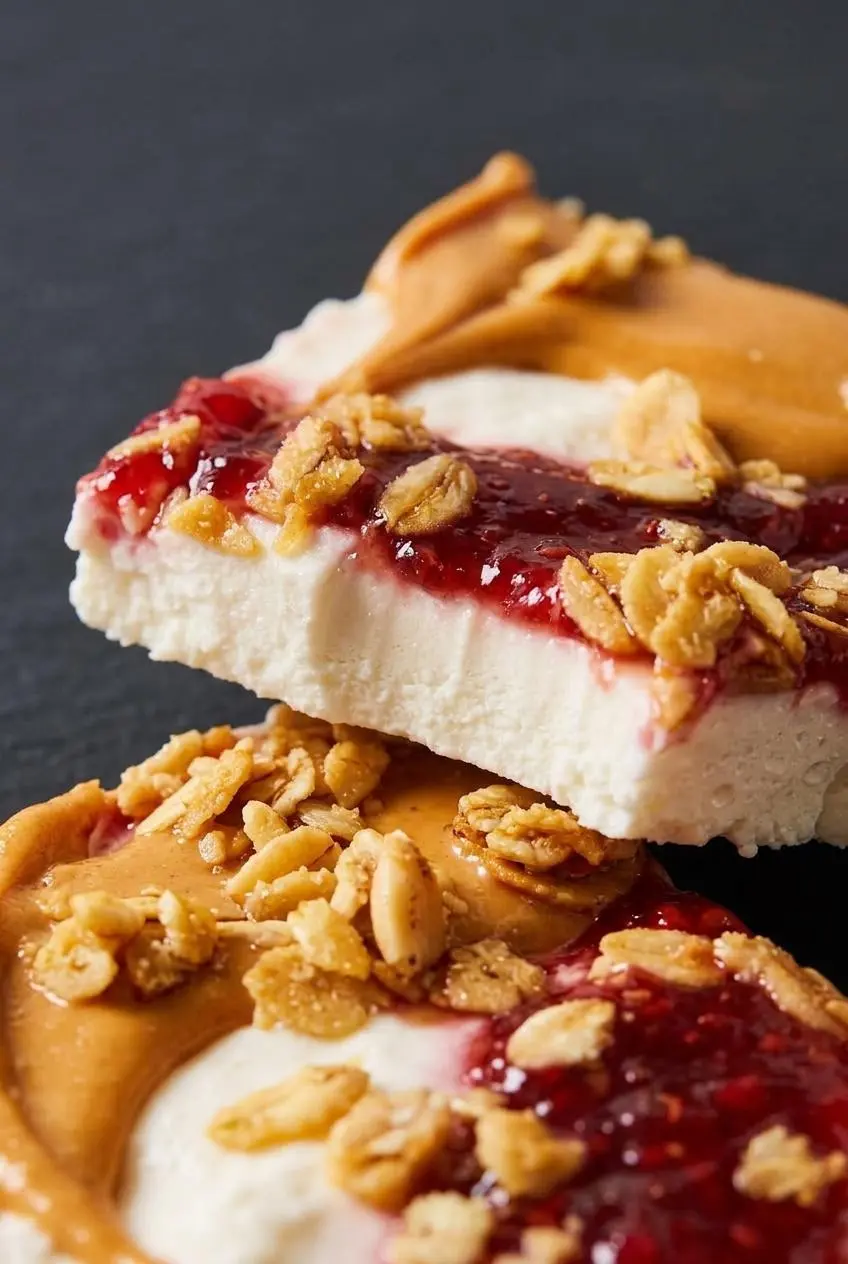 Cross section of frozen cottage cheese bark showing a dense, smooth dairy layer with peanut butter swirl.