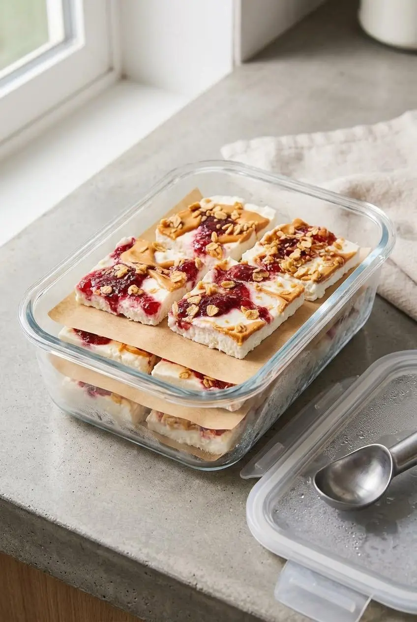 Glass freezer container packed with frozen cottage cheese bark squares separated by parchment paper.