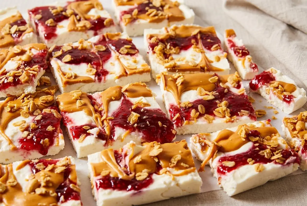 Frozen cottage cheese bark topped with creamy peanut butter swirl, raspberry jam, and crunchy granola.