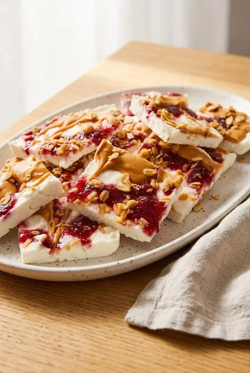 Platter piled with snapped pieces of frozen cottage cheese bark topped with jam ribbons and granola.