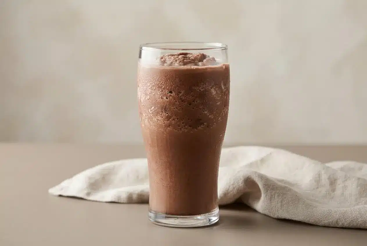 Frozen hot chocolate in a chilled glass with a rich, velvety chocolate slush texture and frosty surface.