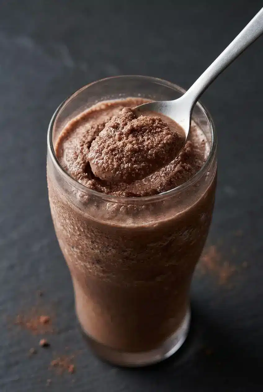 Spoon lifting a thick, frosty spoonful of blended chocolate slush showing fine ice crystals without separation.