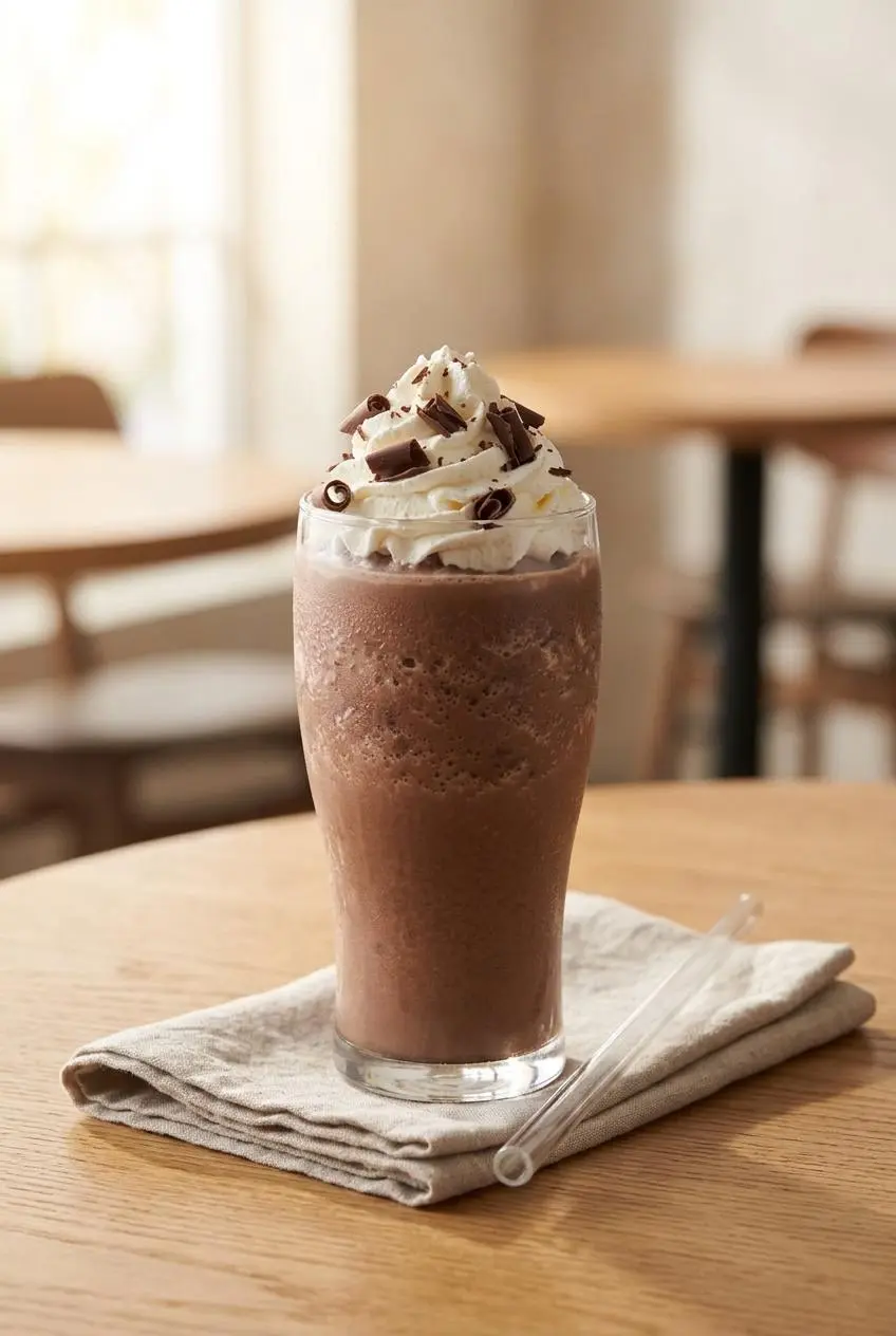Frozen hot chocolate served in a tall cafe glass topped with whipped cream and dark chocolate curls.