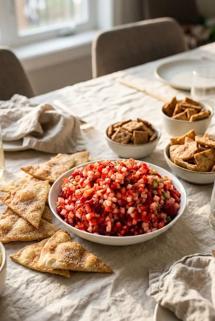 Bowl of fruit salsa with cinnamon chips served alongside small bowls of graham crackers and pita chips.