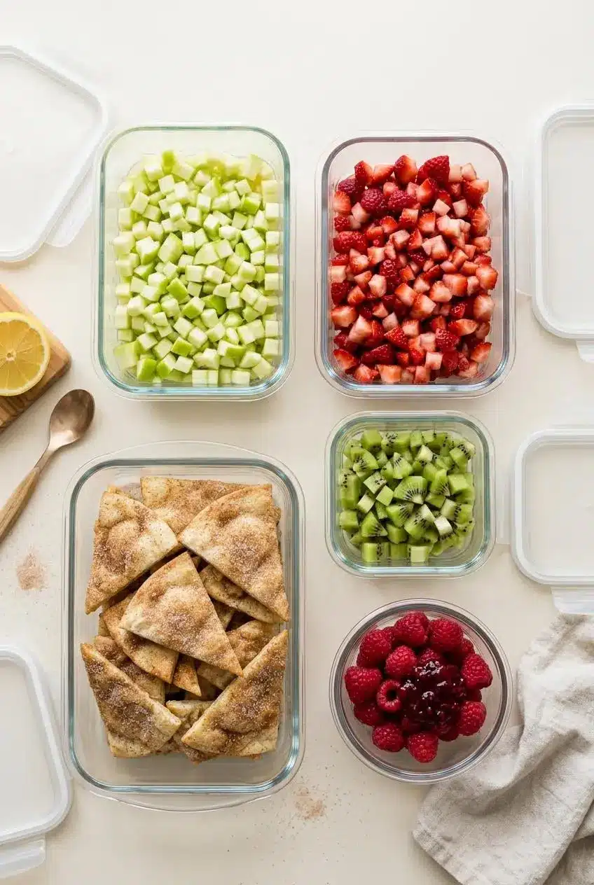 Separate glass containers of diced apples, strawberries, kiwi, raspberries, and cooled cinnamon chips on a counter.