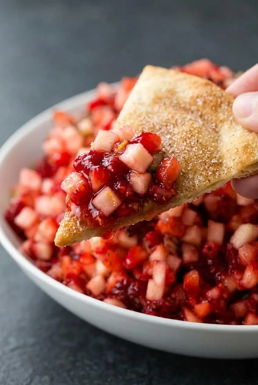 Close-up of a crisp cinnamon-sugar tortilla wedge scooping uniform diced fruit salsa in raspberry glaze.