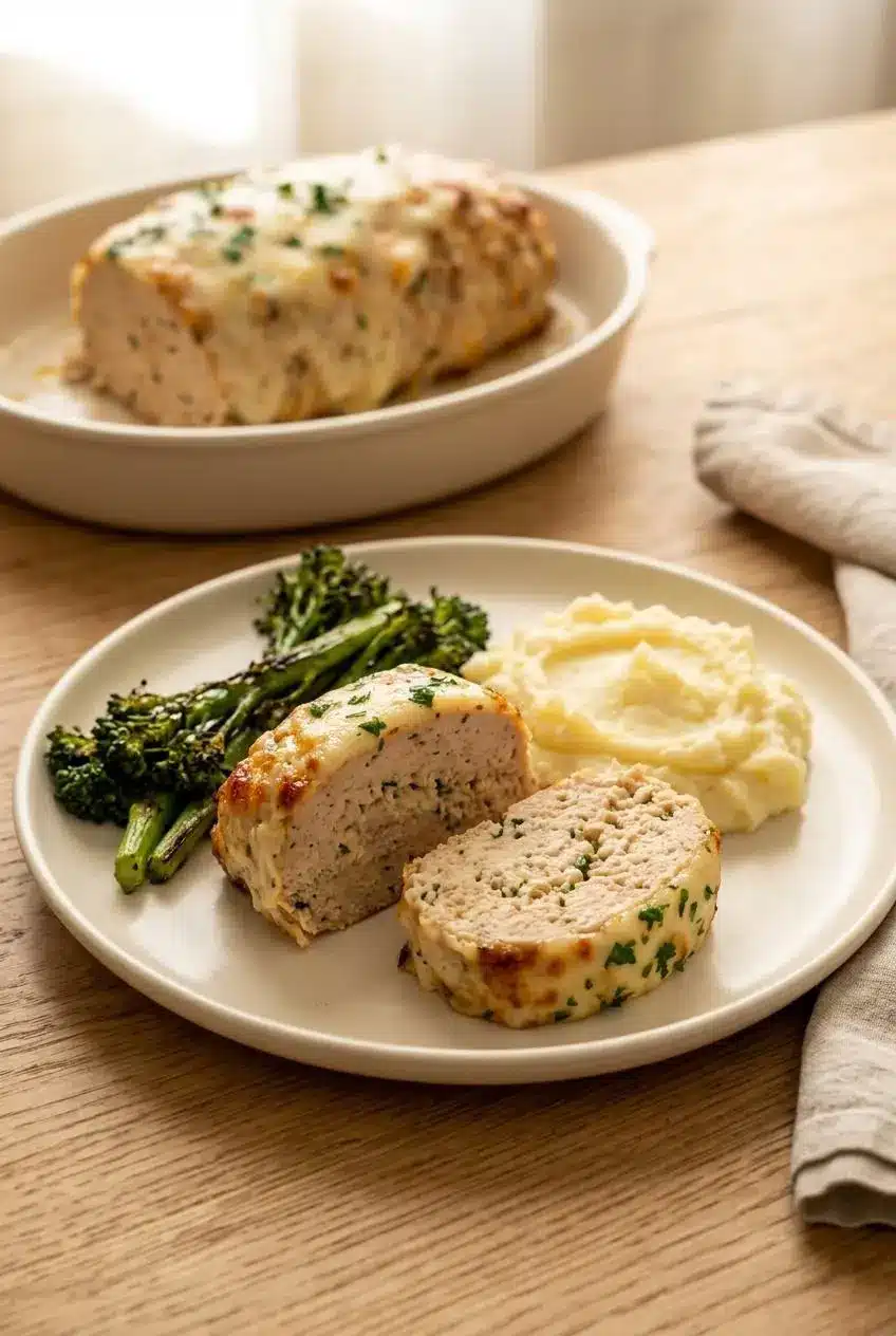 Plated chicken meatloaf slices served alongside creamy garlic mashed potatoes and tender roasted broccolini.