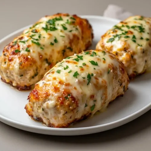Garlic parmesan chicken meatloaf topped with melted golden mozzarella cheese and chopped parsley.