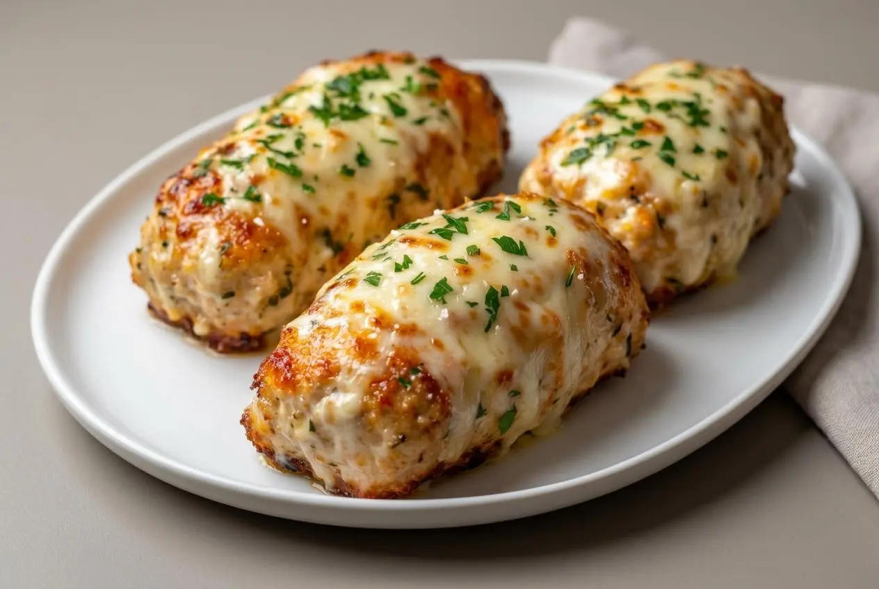 Garlic parmesan chicken meatloaf topped with melted golden mozzarella cheese and chopped parsley.