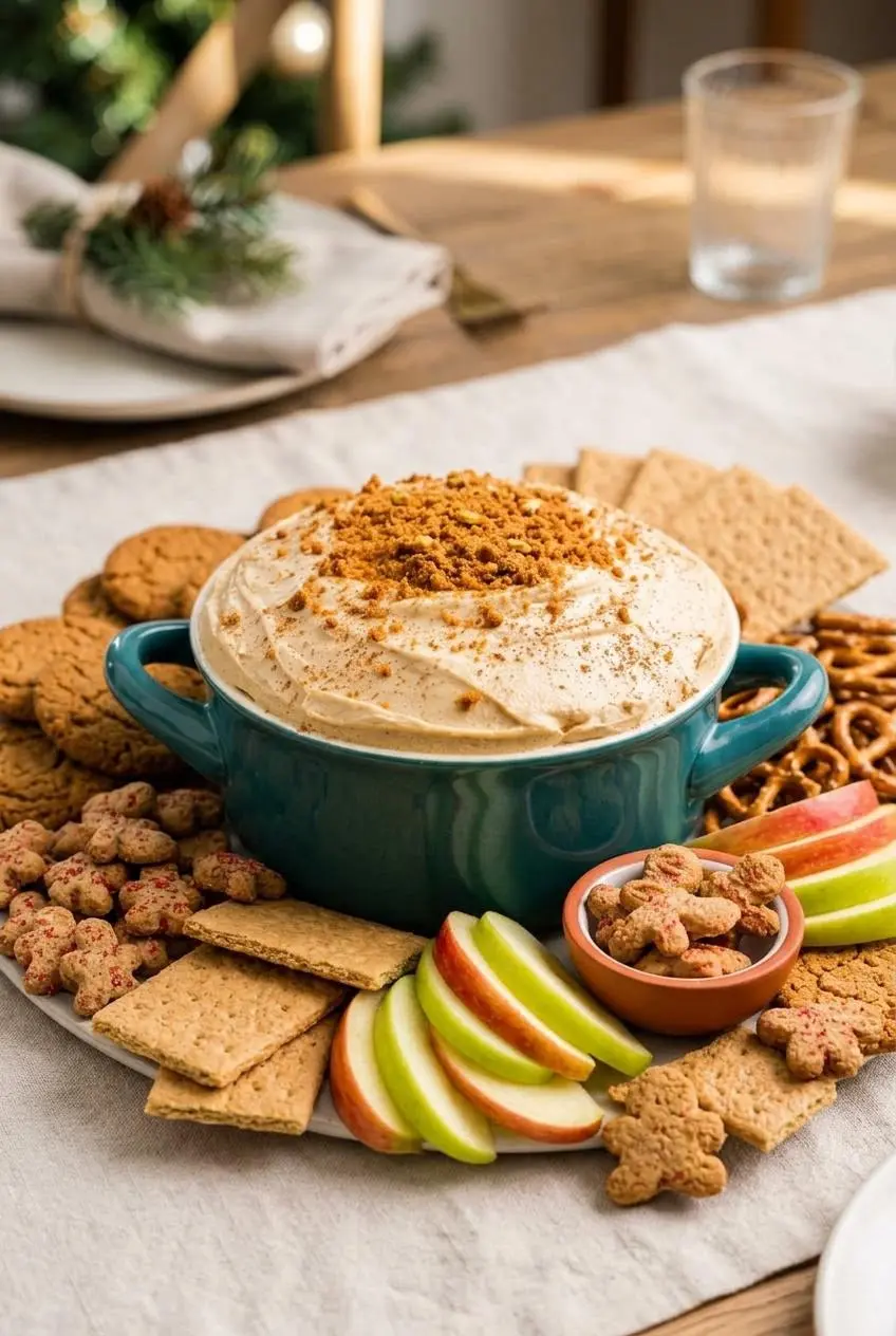 Gingerbread cheesecake dip on a platter with gingerbread men, gingersnaps, graham crackers, apple slices, and pretzels