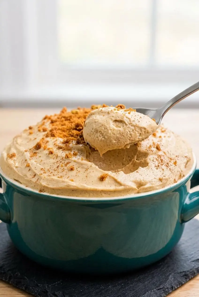 Close-up of a metal spoon lifting a smooth, airy scoop of spiced cheesecake dip with gingersnap crumbs