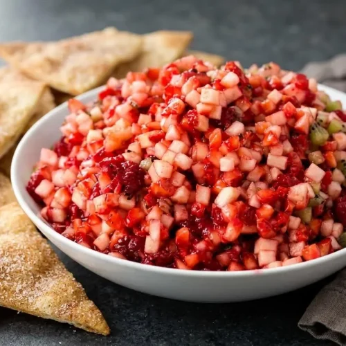 Bowl of glossy fruit salsa with cinnamon chips made of diced apples, berries, and baked tortilla wedges.