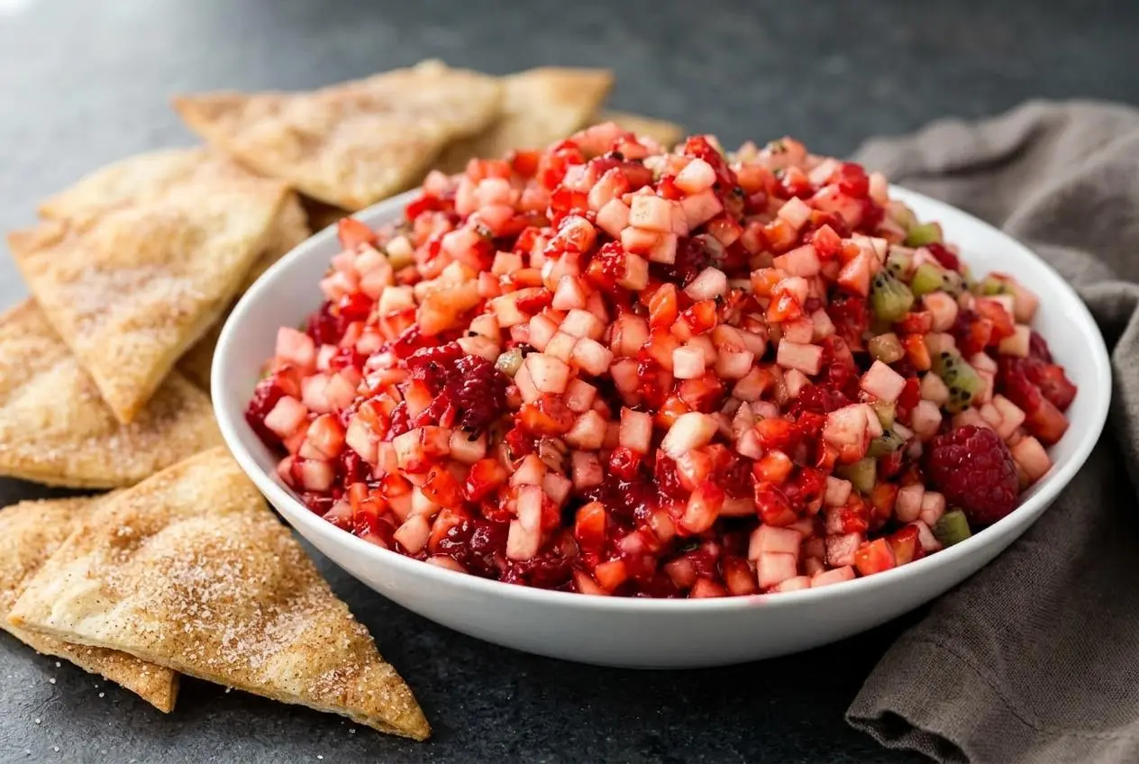 Bowl of glossy fruit salsa with cinnamon chips made of diced apples, berries, and baked tortilla wedges.