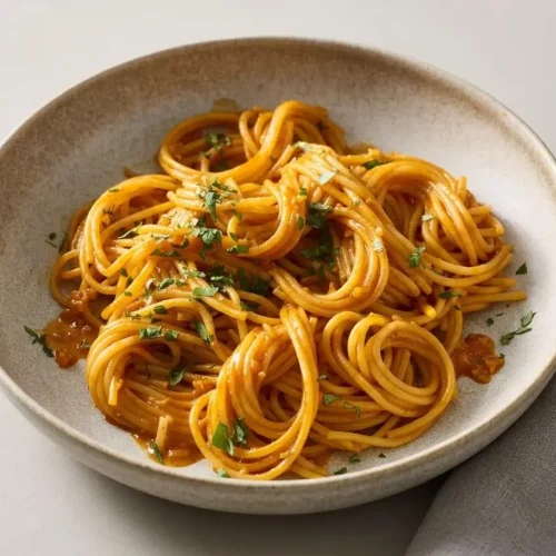 Gochujang butter noodles twirled in a ceramic bowl with a glossy orange chili glaze and sliced scallions.