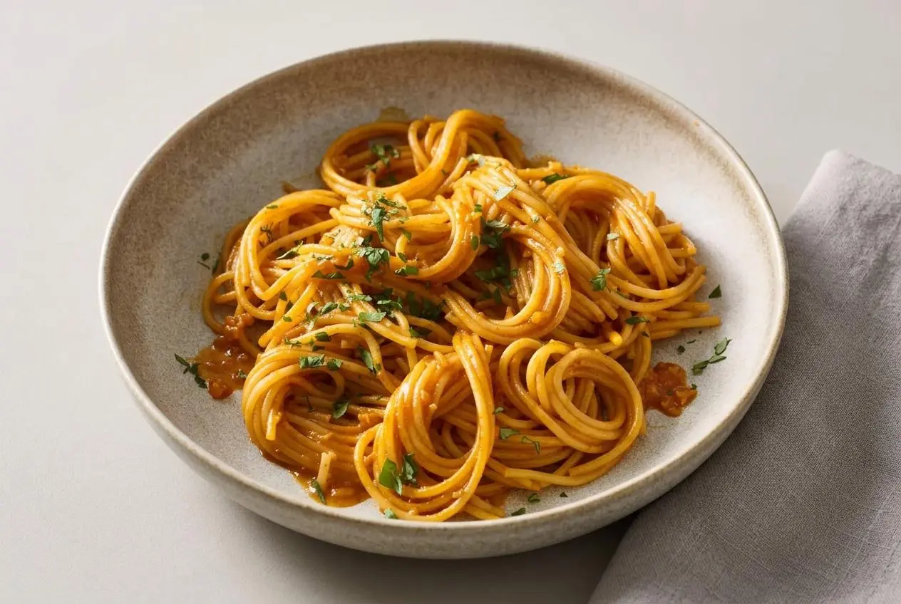 Gochujang butter noodles twirled in a ceramic bowl with a glossy orange chili glaze and sliced scallions.
