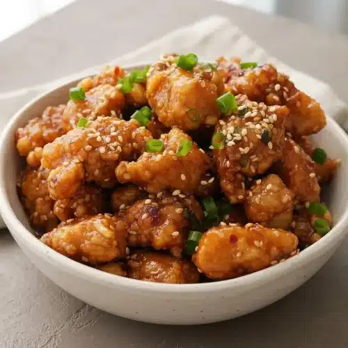Honey butter fried chicken bites with a glossy garlic butter glaze, toasted sesame seeds, and sliced spring onions.