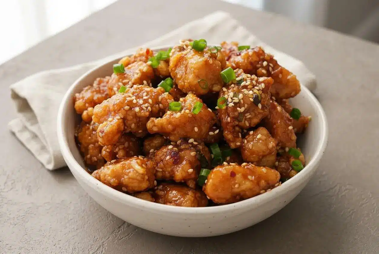 Honey butter fried chicken bites with a glossy garlic butter glaze, toasted sesame seeds, and sliced spring onions.