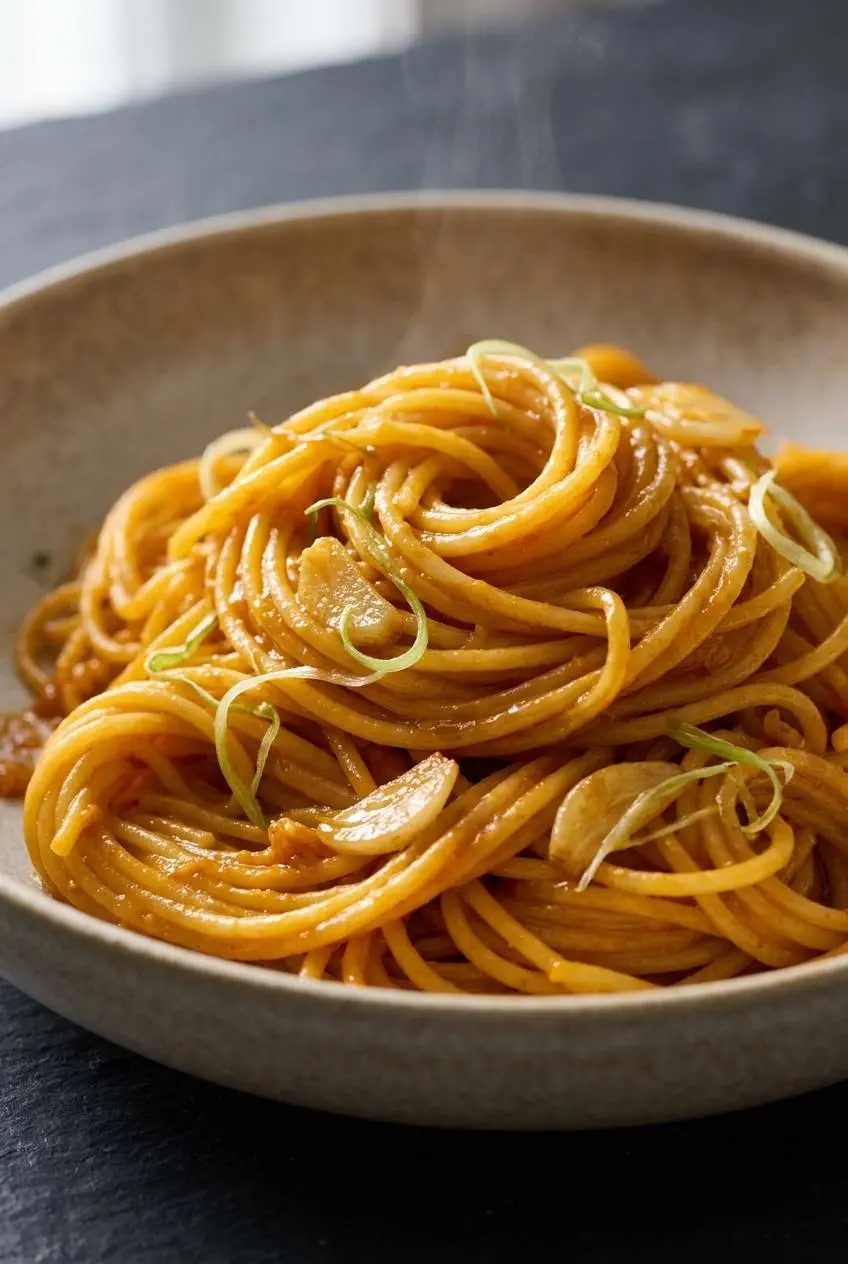 Close-up of glossy gochujang butter noodles showing an emulsified, clingy sauce with no separated oil.