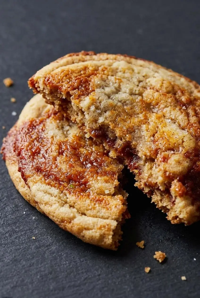 Close-up of a broken gochujang caramel cookie showing a dense, fudgy center and crinkled crust.