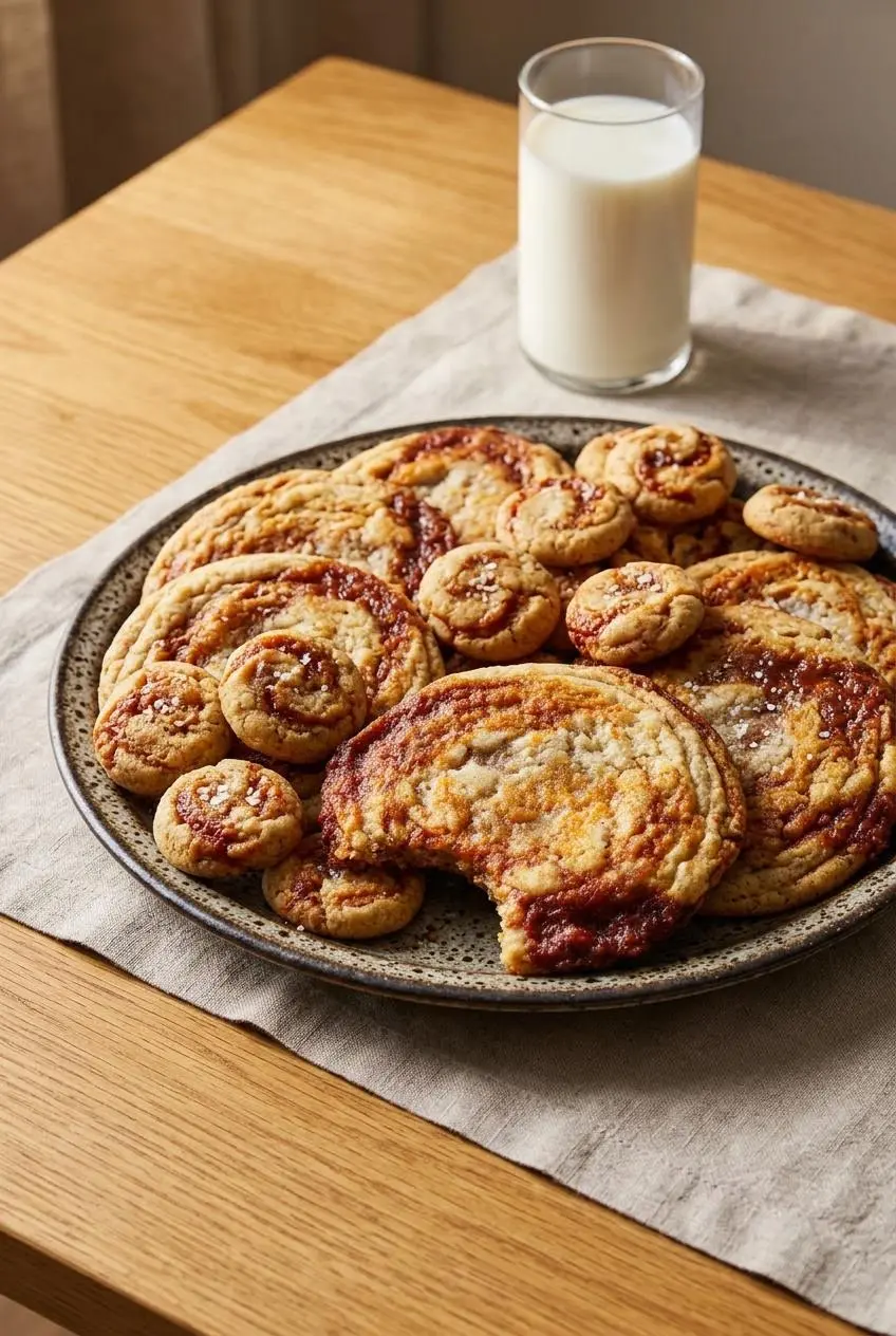 Platter of large and bite-sized marbled gochujang cookies with a glass of cold milk.