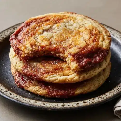 Chewy gochujang caramel cookies with crinkled golden edges and bold clay-red chile paste swirls.