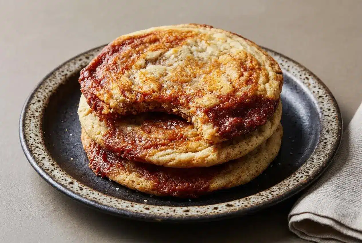 Chewy gochujang caramel cookies with crinkled golden edges and bold clay-red chile paste swirls.