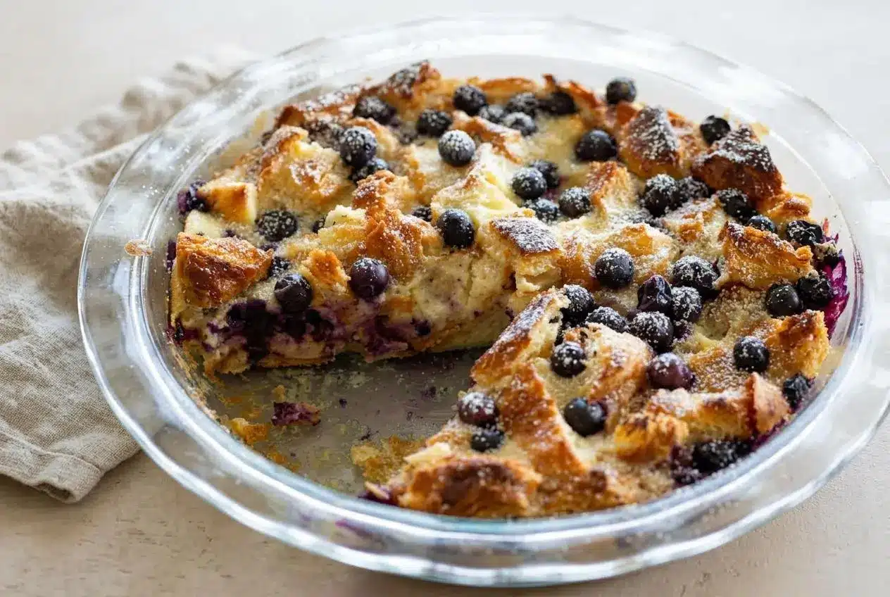 Baked blueberry croissant puff with golden flaky pastry tips, juicy blueberries, and creamy lemon custard