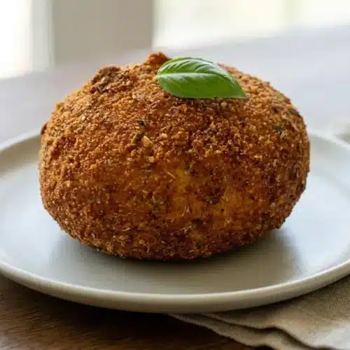 Golden crispy fried burrata topped with fresh basil, cracked black pepper, and a drizzle of olive oil.
