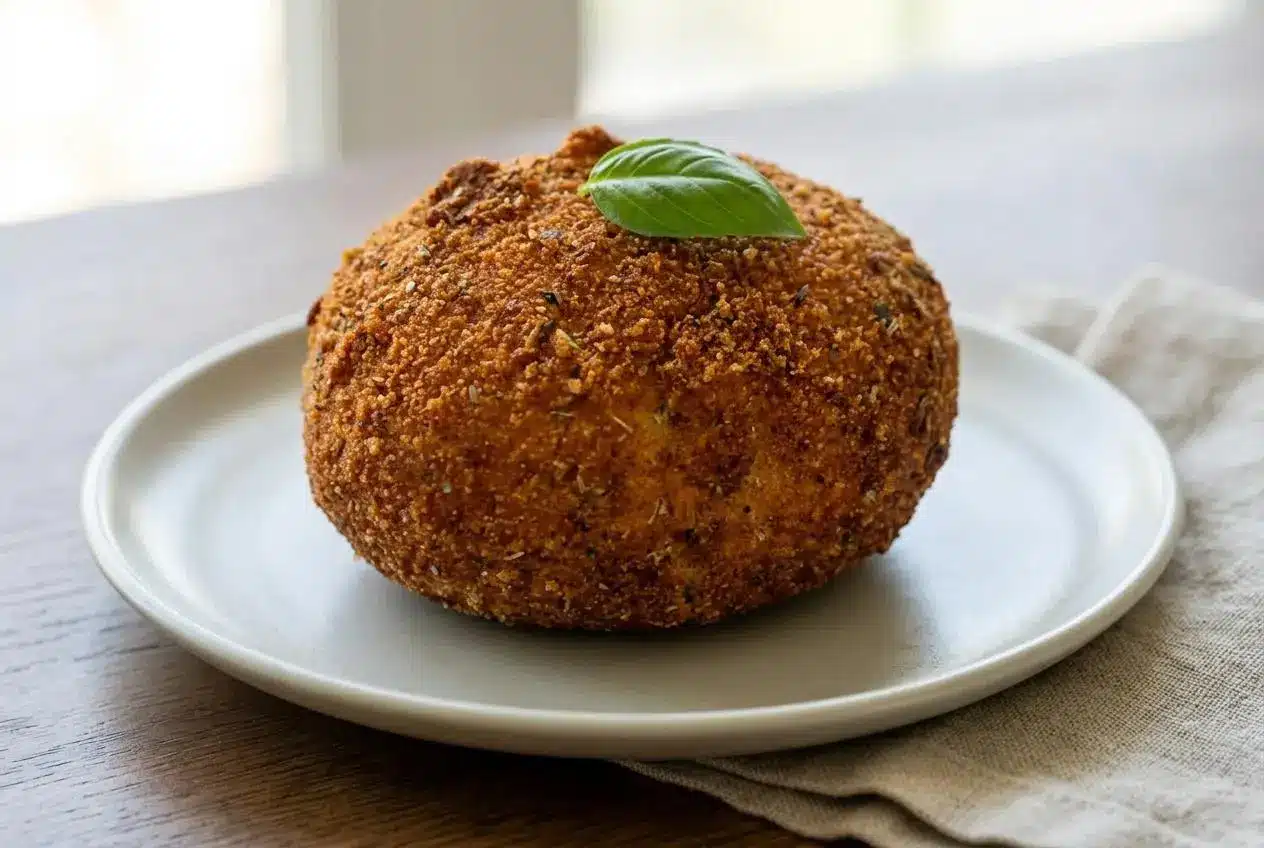 Golden crispy fried burrata topped with fresh basil, cracked black pepper, and a drizzle of olive oil.