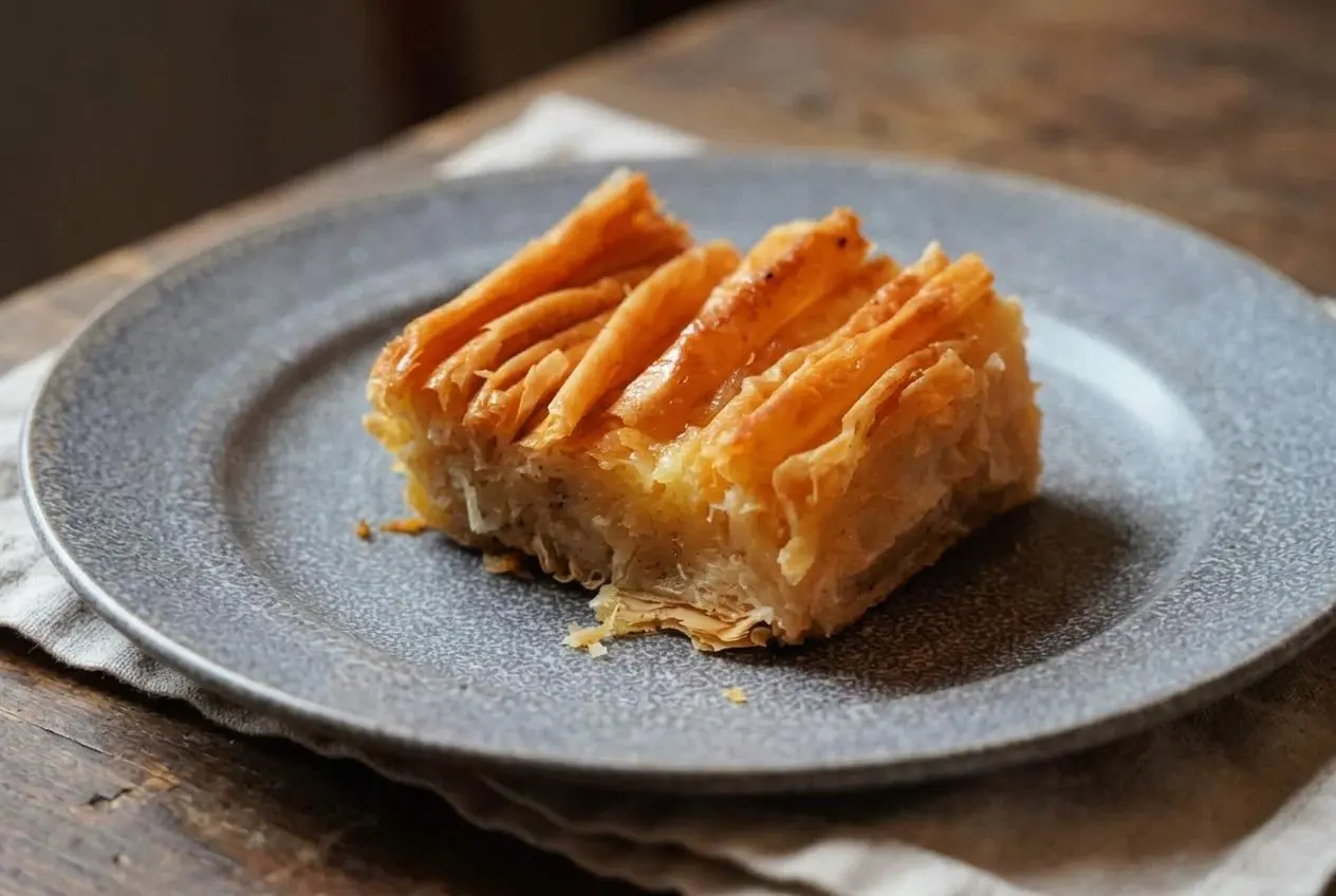 Baked phyllo crinkle cake with shatteringly crisp golden accordion folds and a glossy sugar syrup finish