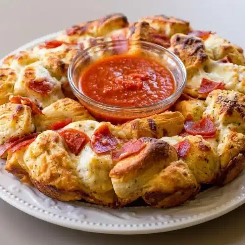 Golden baked pizza monkey bread ring topped with melted mozzarella cheese, quartered pepperoni, and herbs.
