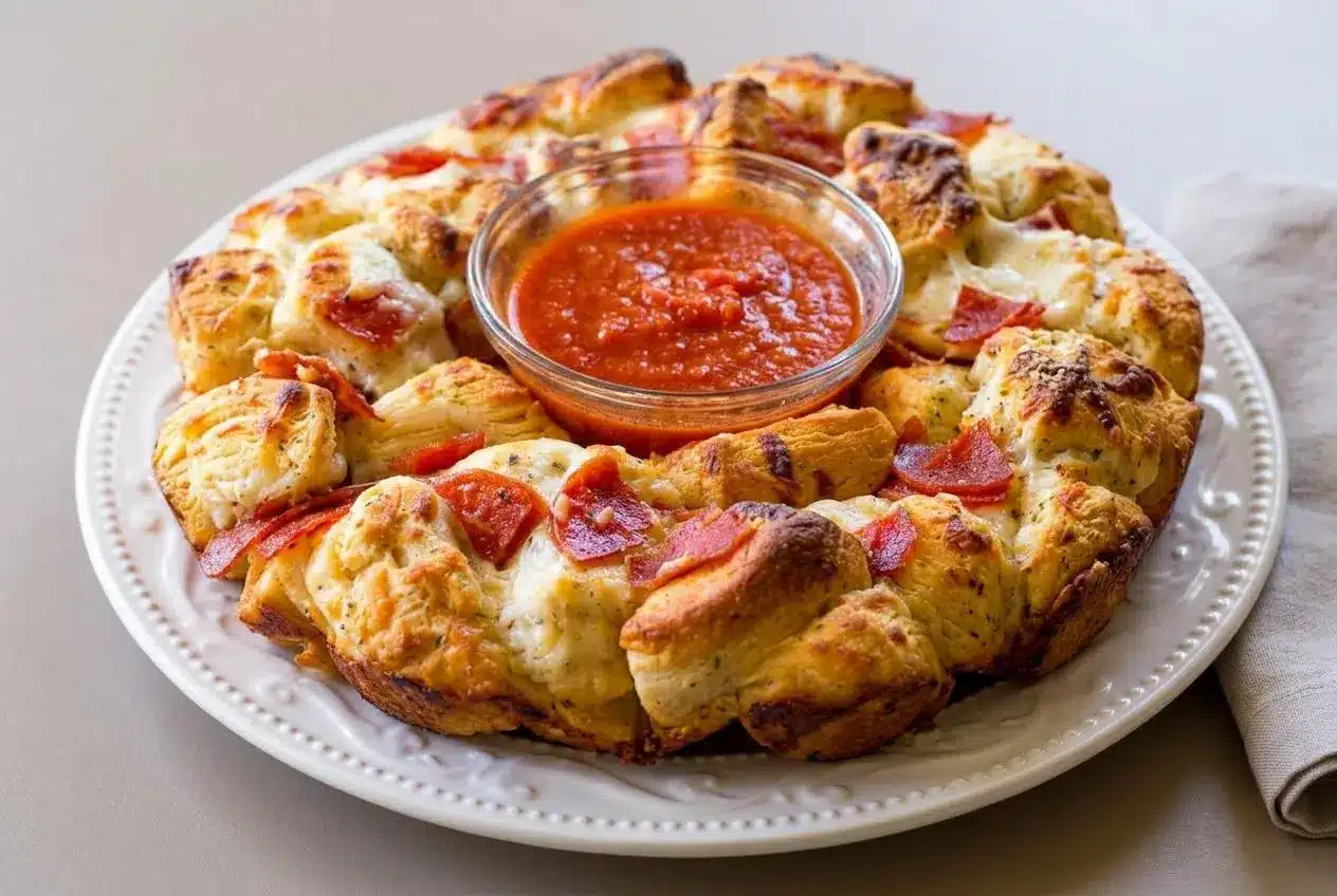 Golden baked pizza monkey bread ring topped with melted mozzarella cheese, quartered pepperoni, and herbs.