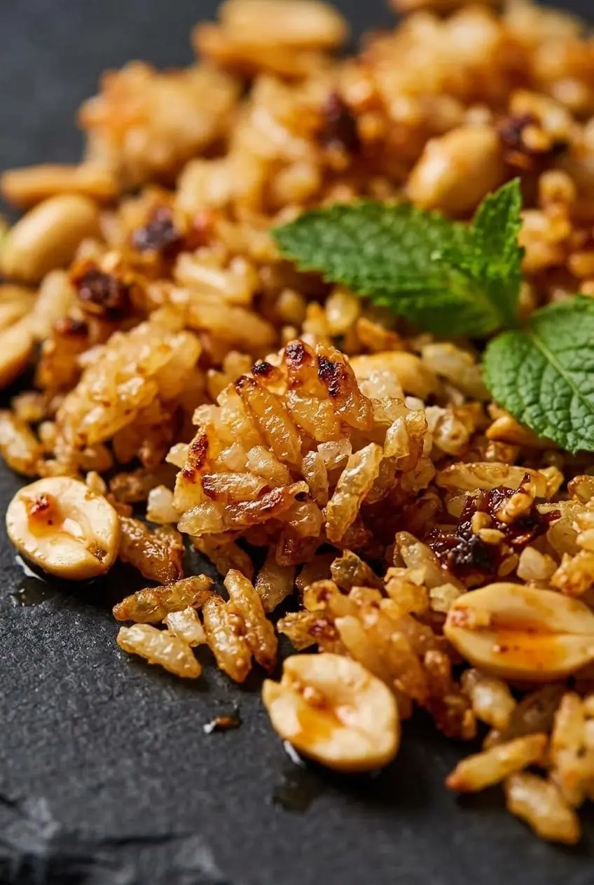Macro close-up of blistered, amber-brown crispy rice grains toasted with sesame oil, tamari, and peanuts.