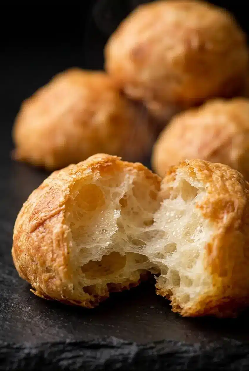 Torn open gougère displaying a light, hollow, webbed interior crumb and golden cheese crust.