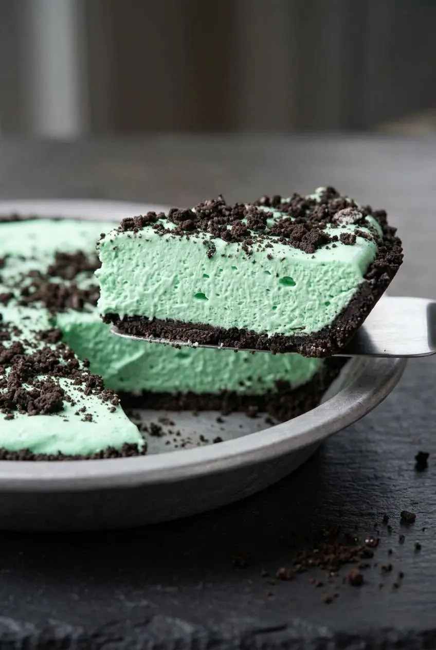 Close-up wedge of grasshopper pie showing airy pastel-green mousse and compact dark Oreo crumb crust.