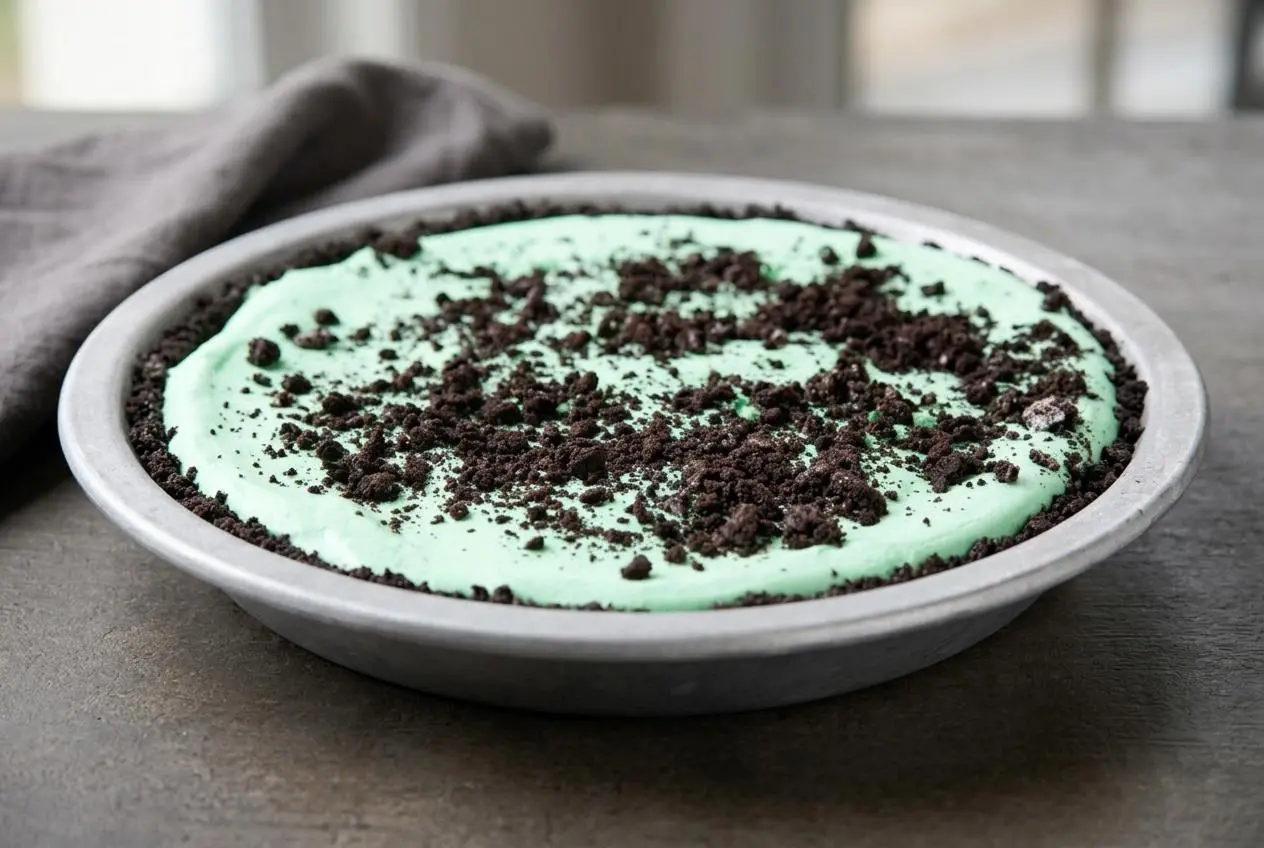 Finished grasshopper pie recipe with creamy pastel-green mint mousse in a dark Oreo cookie crust.