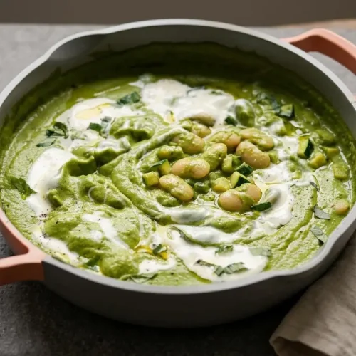 Bowl of green goddess butter beans coated in a glossy emerald spinach, basil, tofu, and cashew sauce.