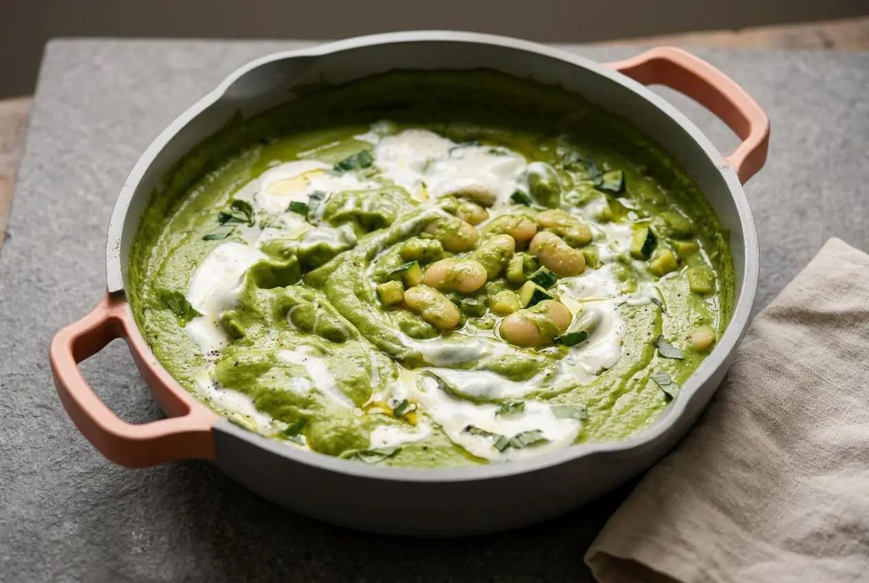 Bowl of green goddess butter beans coated in a glossy emerald spinach, basil, tofu, and cashew sauce.