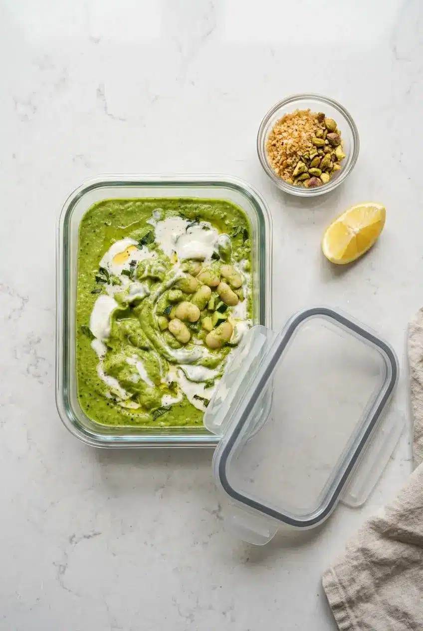 Cooled green goddess butter beans in a glass storage container next to a small bowl of panko pistachio topping and lemon.