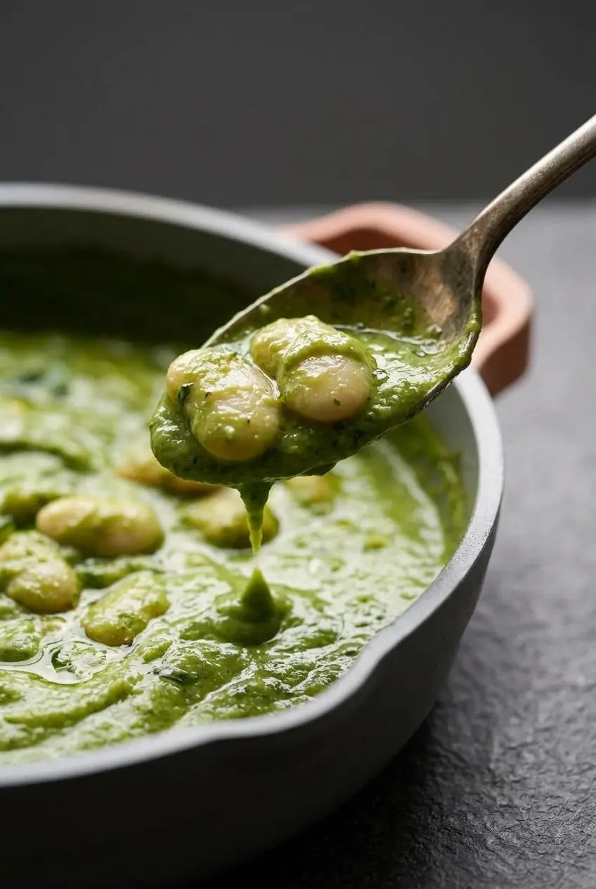 Close-up of a metal spoon lifting tender white butter beans in a smooth, velvety emerald green sauce.