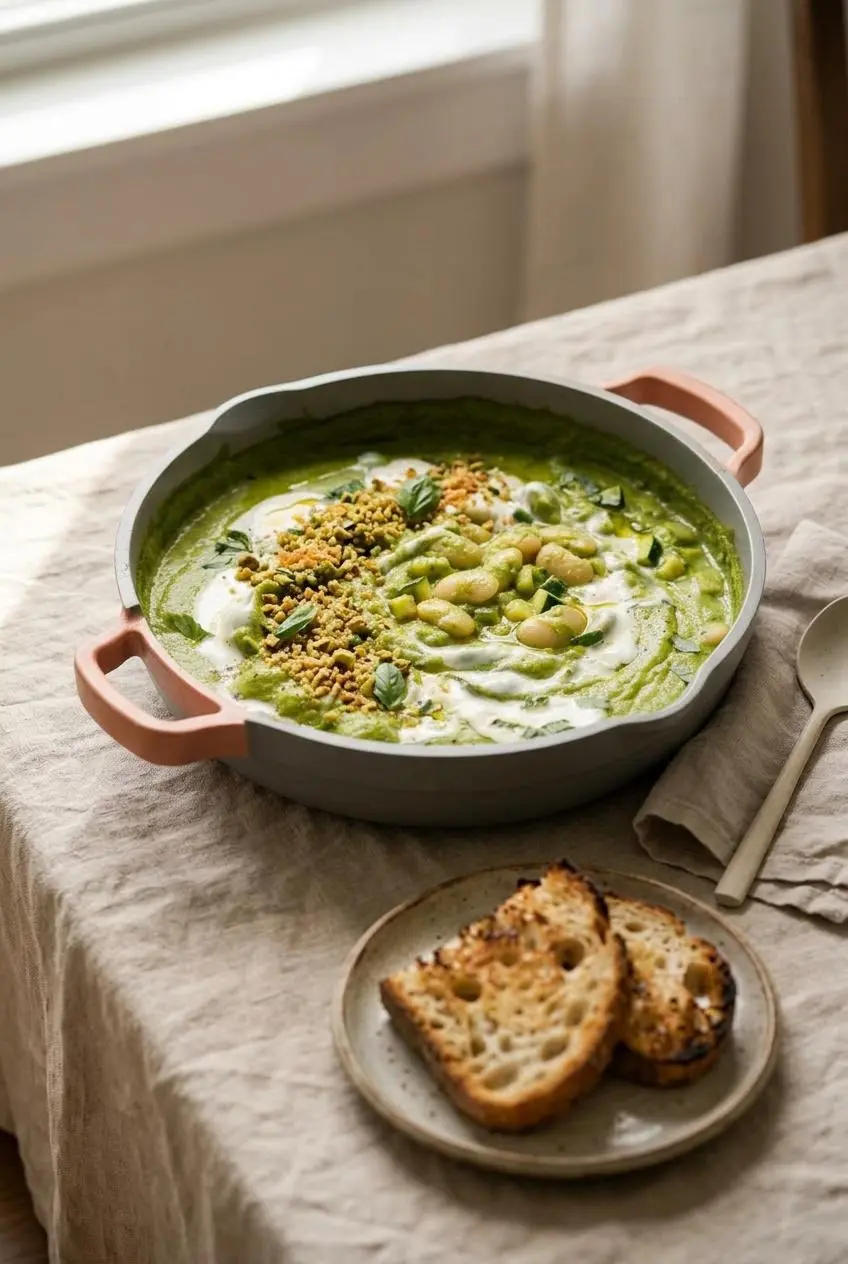 Bowl of green goddess butter beans topped with yogurt, olive oil, basil, and panko pistachio crumble alongside toasted sourdough.