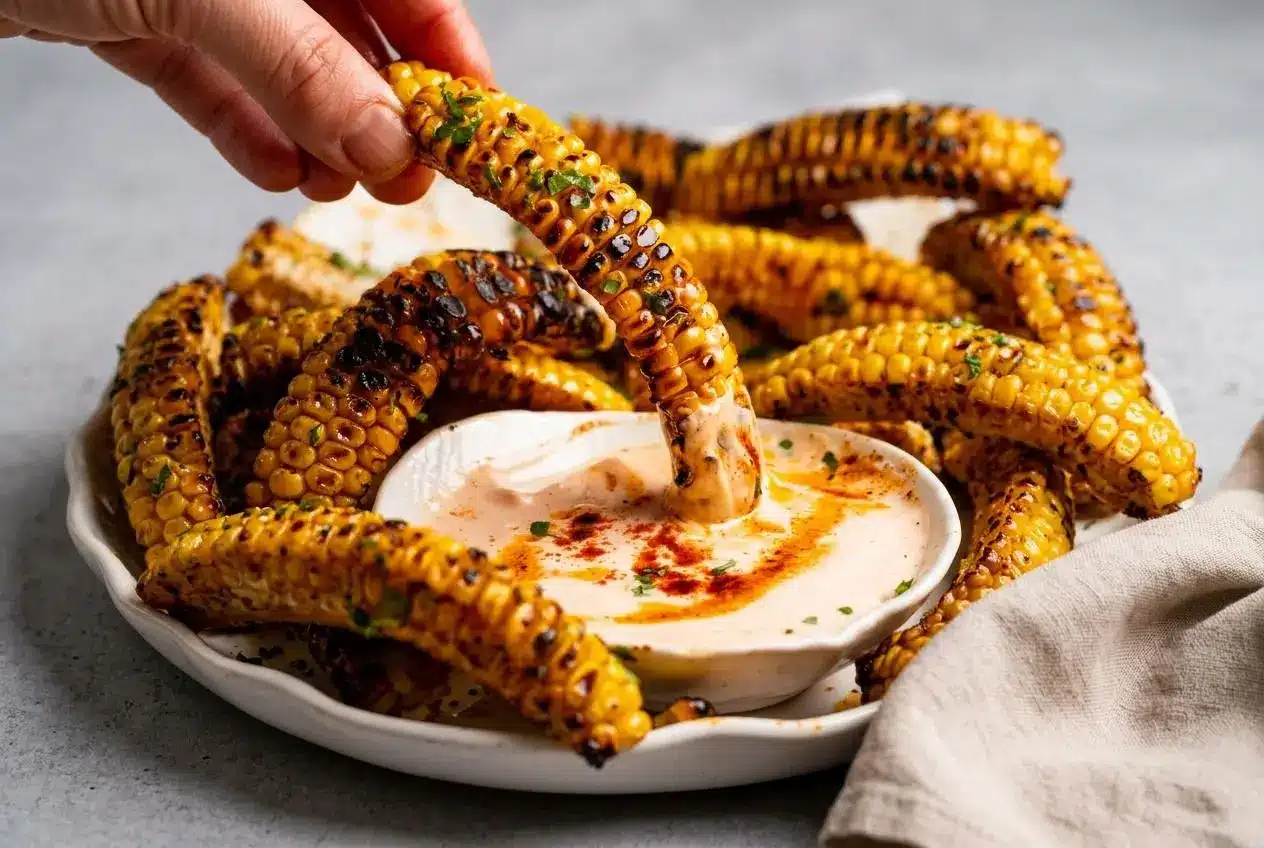 Platter of tender grilled corn ribs with charred kernels and a glossy garlic butter glaze.