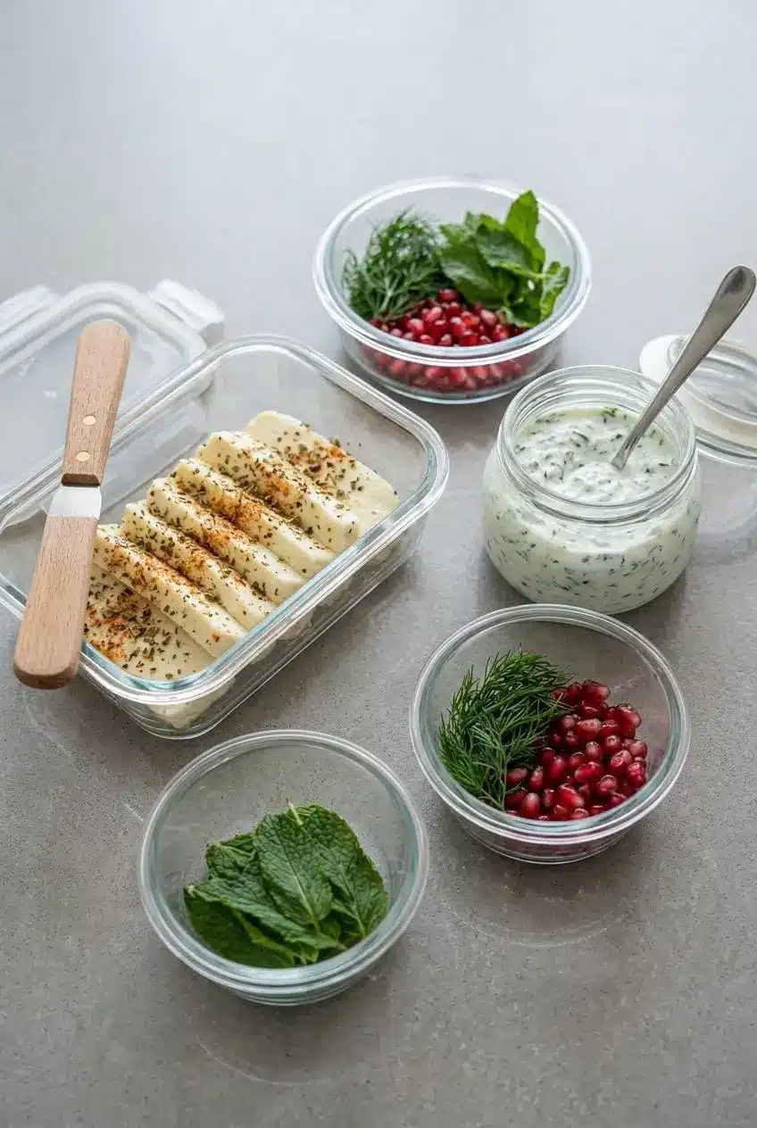 Prepped halloumi slices, mint yogurt sauce, and fresh garnishes stored in clear glass containers.