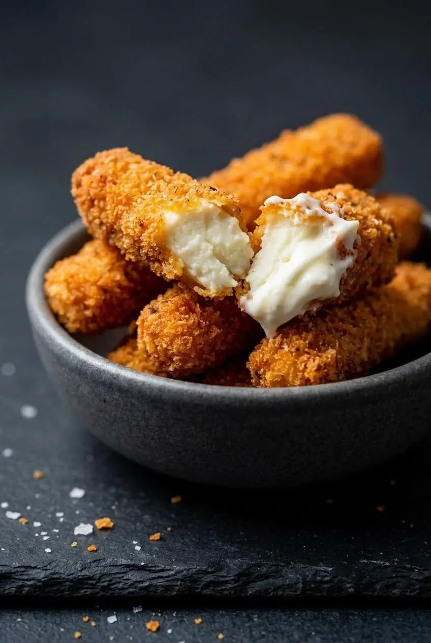 Close-up of a broken halloumi fry showing the firm white cheese center, golden panko crust, and garlic yogurt on the tip
