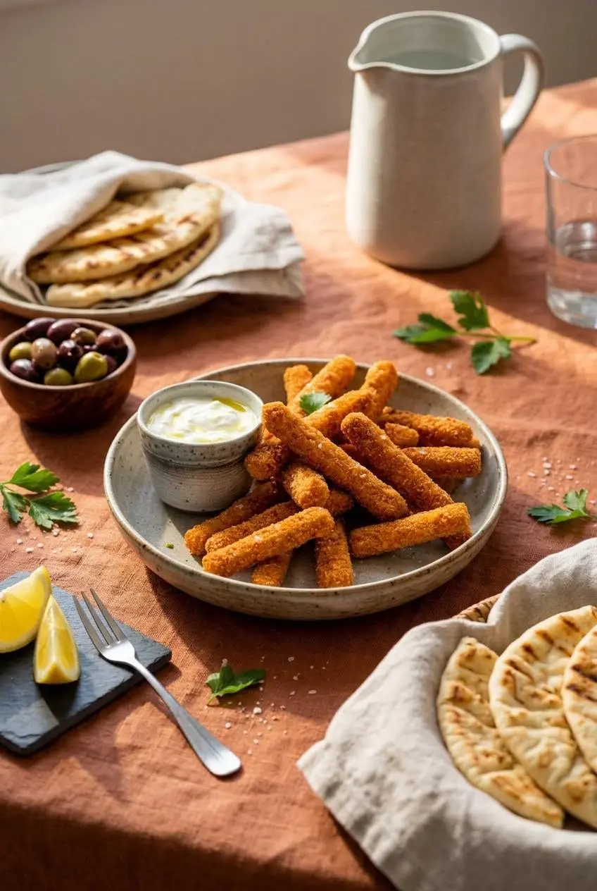 Halloumi fries served with garlic yogurt dip, olives, warm pita bread, and lemon wedges on a terracotta table