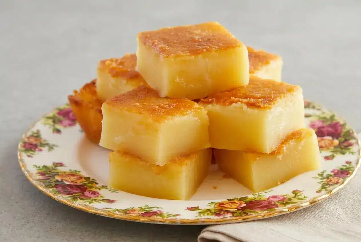 Golden baked Hawaiian butter mochi squares with chewy edges and a glossy coconut custard center.