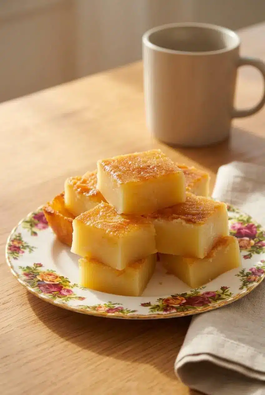 Hawaiian butter mochi squares stacked on a white ceramic platter on a wooden dining table.